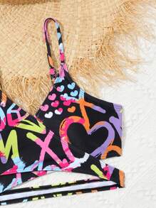 Sparklyn Conjunto de bikini con estampado de graffiti para adolescentes, ideal para la playa de verano - Negro - Ver 5