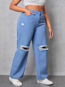 Distressed Plus Size Straight Leg Jeans - Light Wash - View 3