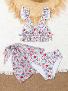 Girl Floral Printed Bikini Set, For Tween Girls Summer Beach - Multicolor - View 1