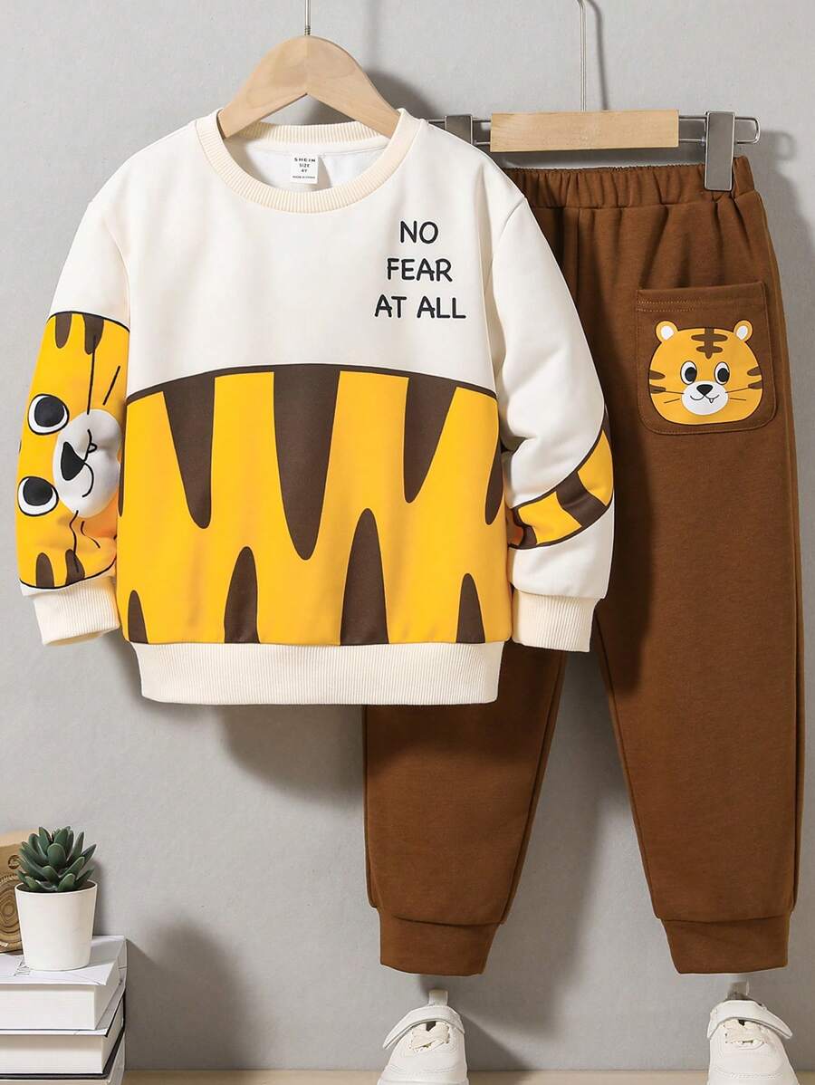 Dễ thương Và Thoải mái Phim hoạt hình động vật Mẫu Vòng cổ Áo nỉ Và Quần thể thao Bộ Đối với Con trai - Màu be - Xem 1