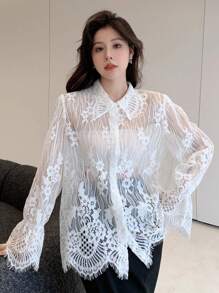 DAZY 宽松透明蕾丝长袖女式衬衫，荷叶边 - 白色 - 查看 4