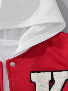 SHEIN Tween Boys' College-Style Sport Baseball Jacket With Badge & Print & Patchwork Design Hoodie - Burgundy - View 6