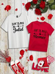 SHEIN LUNE Áo thun ngắn tay in khẩu hiệu ngày lễ tình nhân mùa hè dành cho nữ - Đỏ - Xem 1