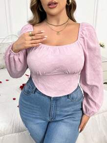 SHEIN Unity Plus Size Women's Heart Pattern Puff Sleeve Blouse - Pink - View 6