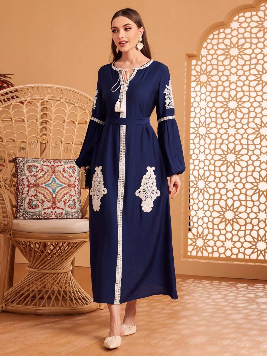 Al Najma Lantern Sleeve Dress With Tied Collar