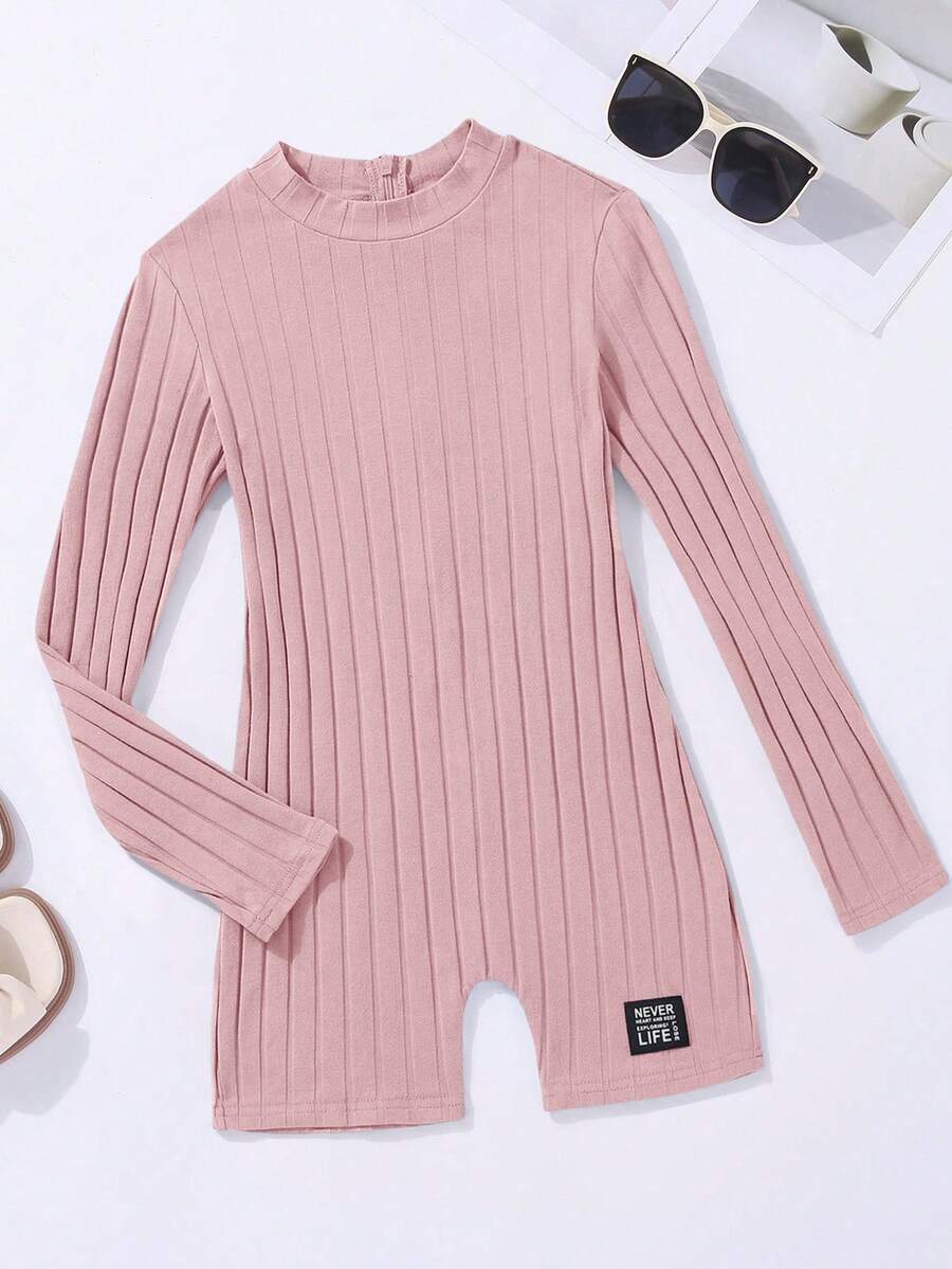 SHEIN Tween女孩針織純色連身褲，小立領和設計 - 藕粉色 - 查看 1