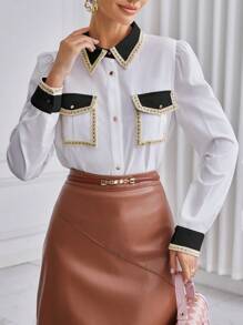 SHEIN Privé Ladies' Color Block Turn Down Collar Long Sleeve Shirt - Black and White - View 5