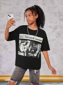 SHEIN Tween Girl Round Neck Short Sleeve T-Shirt, Casual Style, Letter And Guitar Print - Black - View 4