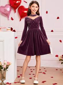 SHEIN Tween Girls' Knitted Short Plush & Beaded One-Piece Casual Dress - Dusty Purple - View 4