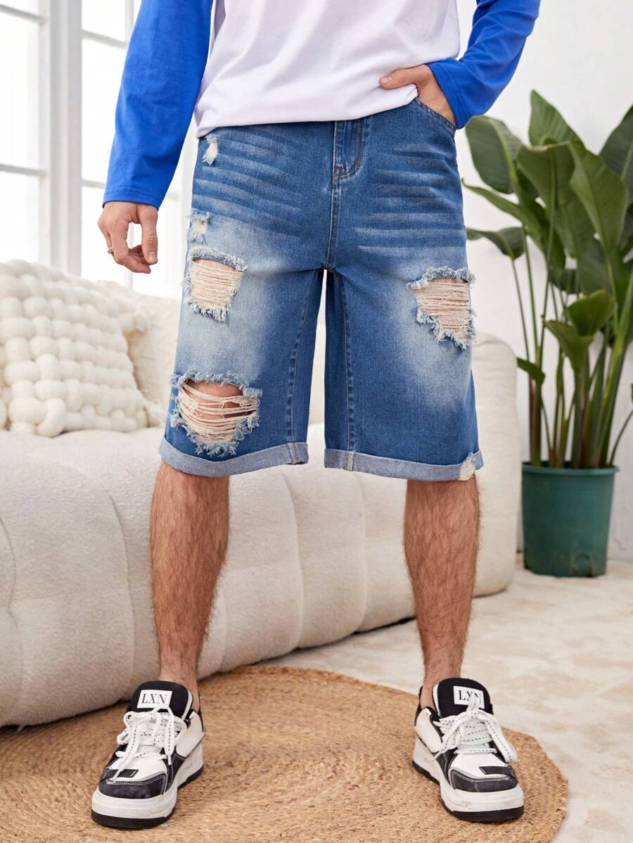 Teen Boys' Vintage Streetwear Cool Washed Ripped Distressed Loose Fit Denim Shorts For Casual