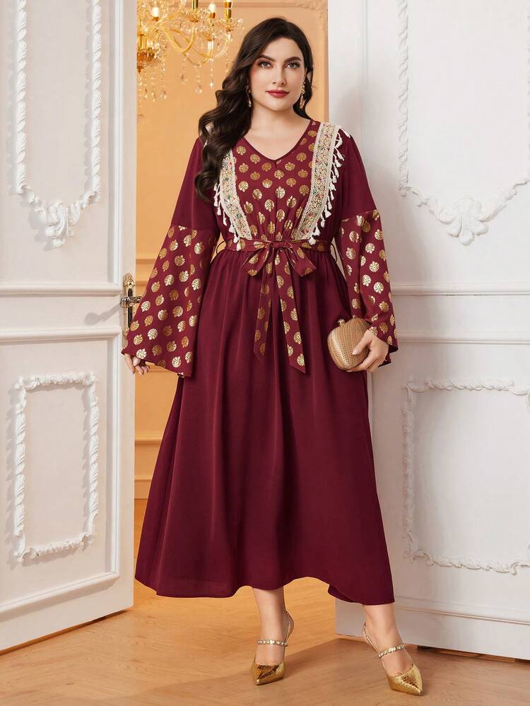 Burgundy Red Plus Size Random Pattern Fringe Decorated Bell Sleeve Dress Kaftan Jalabiya Dress