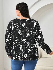 大尺碼女士花卉印花蕾絲拼接襯衫 - 黑色 - 查看 2