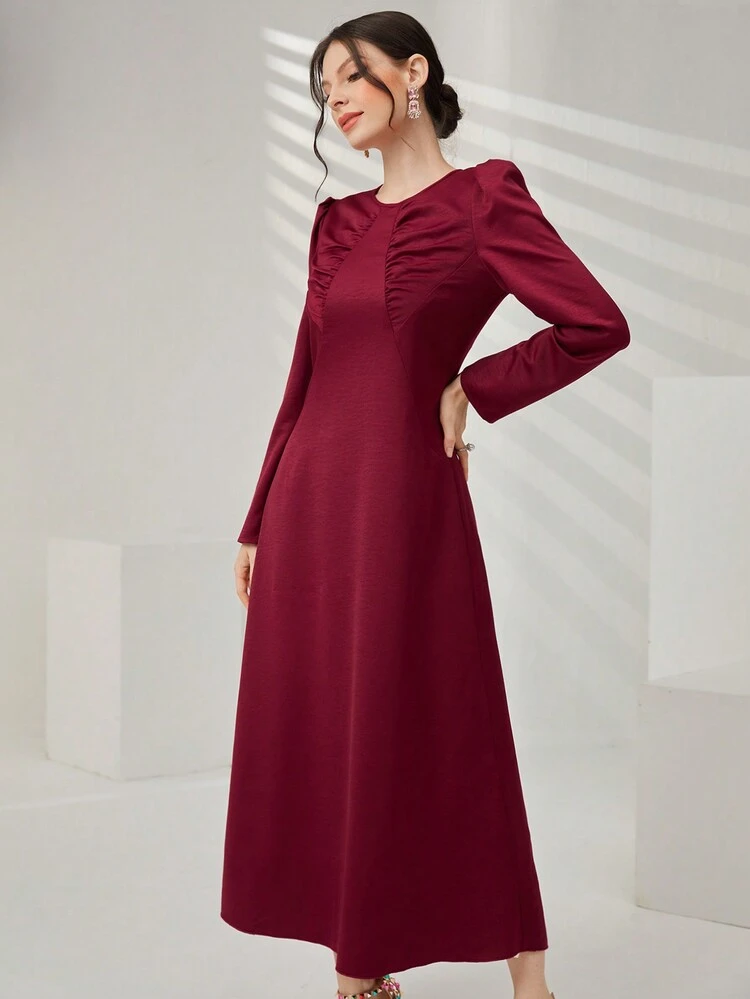 Burgundy Red Ladies' Pleated Puff Sleeve Dress