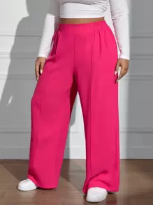 SHEIN EZwear 女士加大碼純色彈性腰寬腿褲子 - 玫紅色 - 查看 3