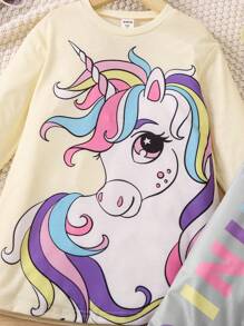 SHEIN 小女孩獨角獸印花長款上衣和字母印花打底褲套裝 - 黃色 - 查看 6