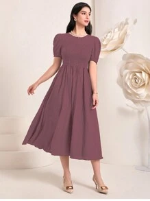 Mulvari Solid Puff Sleeve A-Line Dress Casual Women Dresses - Maroon - View 1