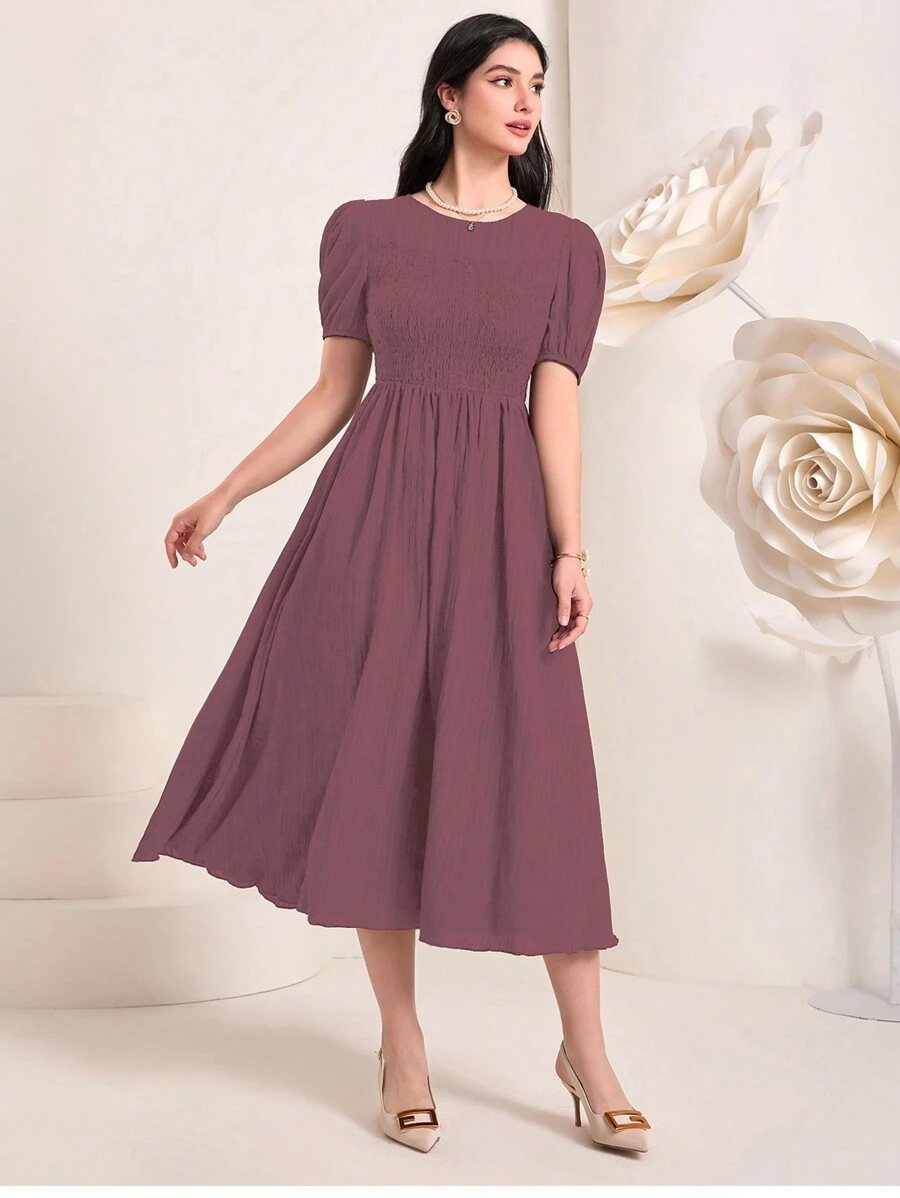 Mulvari Solid Puff Sleeve A-Line Dress Casual Women Dresses - Maroon - View 1