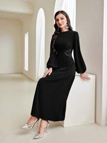 Modelyn Modest Long Lantern Sleeve Rhinestone Decoration Dress Long Evening Dresses