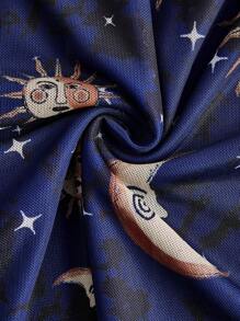 ROMWE Hippie 女式網紗喇叭袖連身裙配太陽、月亮和星星圖案 - 藍色 - 查看 5