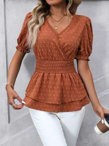 SHEIN Clasi Của phụ nữ Hai lớp Xù Hoa Sen Nếp uốn Vòng eo Áo sơ mi - màu nâu - Xem 3