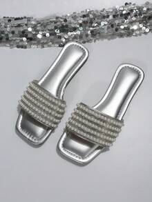 女式串珠带平底凉鞋，2023 年夏季新款韩国时尚沙滩拖鞋 - 銀色 - 查看 4