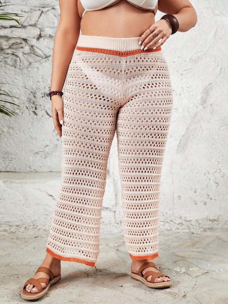 Summer Plus Size Women'S Knitted Cover Up Pants With Contrast Trim And Hollow Out Details Wedding