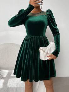 SHEIN Privé 女士網眼拼接羊肉袖連衣裙 - 墨綠色 - 查看 5