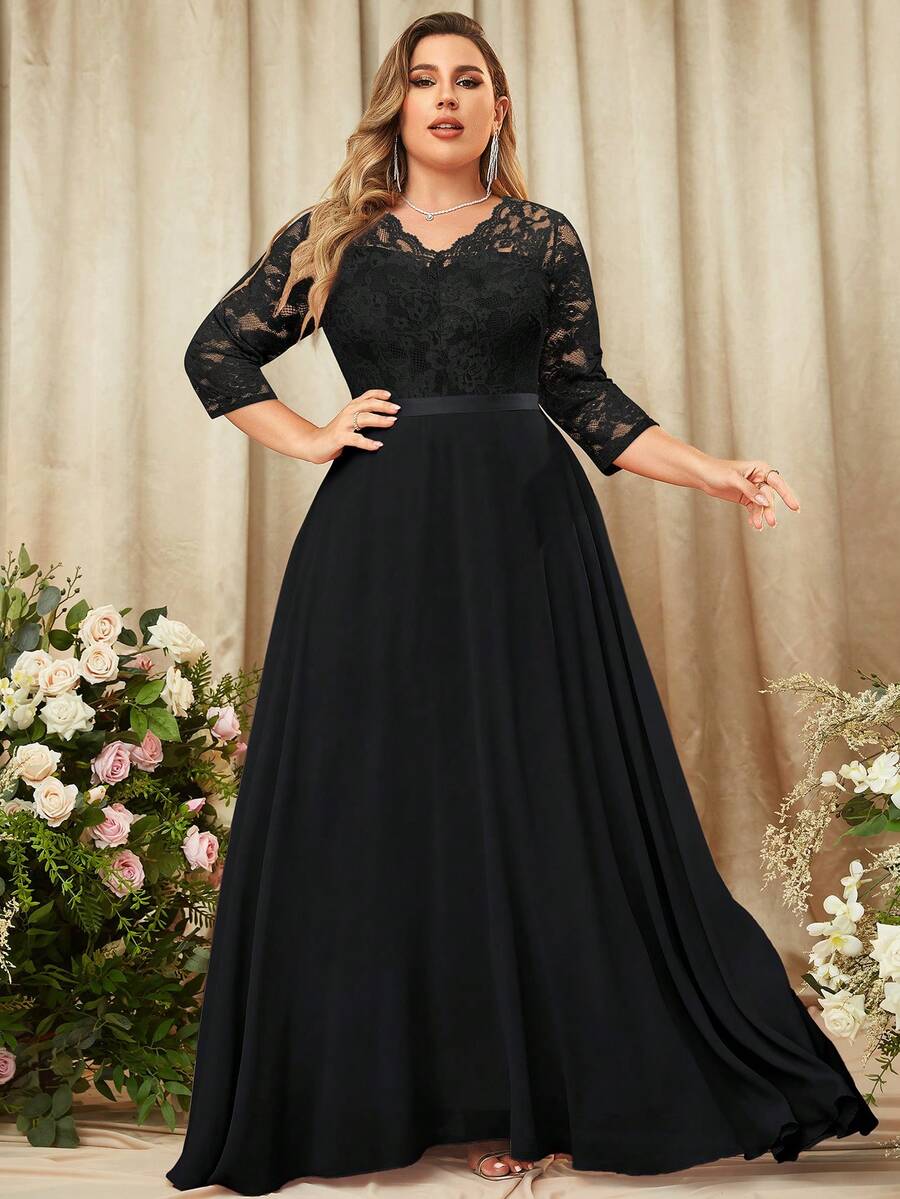 MIUSOL Elegant Women's Plus Contrast Floral Lace Bodice Black Chiffon Maxi Dress, V-Neck, 3/4 Sleeves, Flowy A-Line Hem, For Formal Wedding Guest, Prom Or Evening Party - màu đen - Xem 1