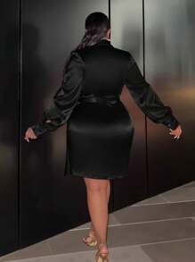 Slaydiva Plus Size Side Tie Wrap Over Dress - Black - View 2