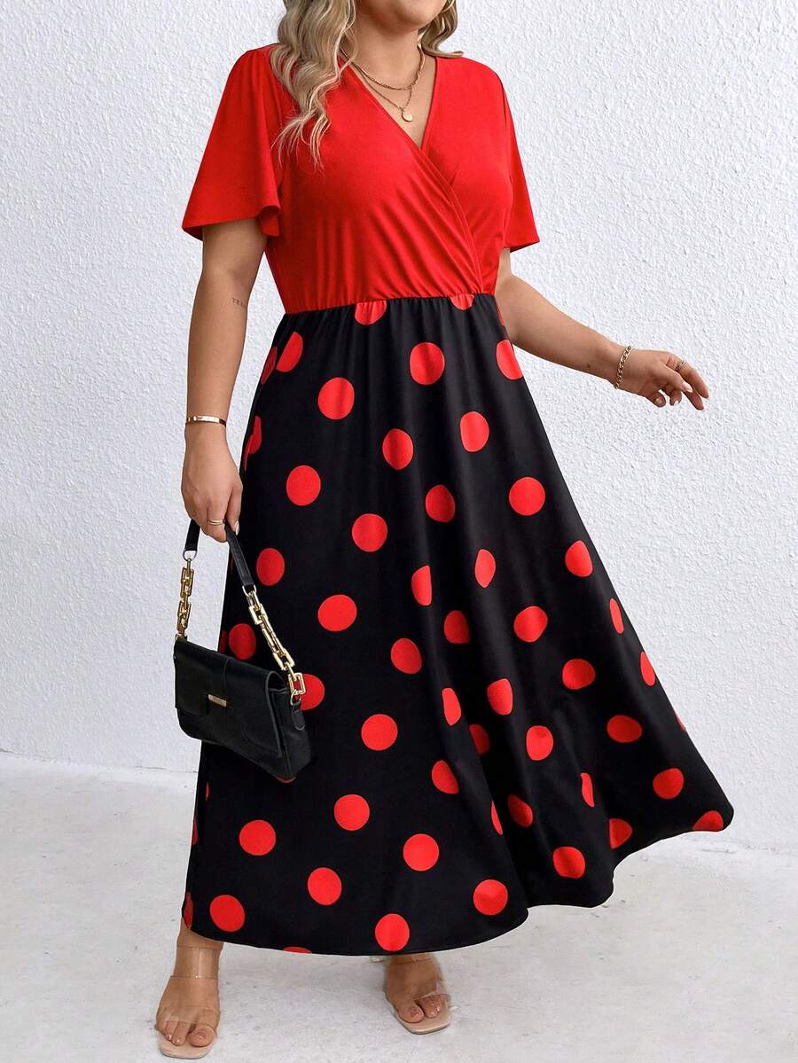 SHEIN Clasi 大尺寸圓點印花裹身喇叭袖連身裙 - 黑色 - 查看 1