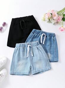 男童抽绳腰牛仔短裤 - 藍色 - 查看 1