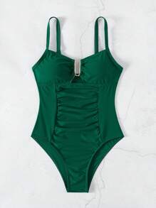 Bonvoyette 2026 Spring/Summer Women's Adjustable Metal U-Shaped Decor Green Elegant Fitted Waist Ruched One-Piece Bikini Swimsuit - Dark Green - View 6