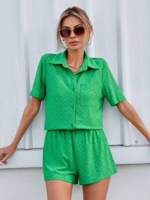 SHEIN Essnce Women's Pocket Front Cutout Embroidered Top And Shorts Setwomen Two Piece Sets - Green - View 3