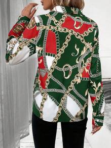 SHEIN Clasi Của phụ nữ In Dây chuyền Nút lên Áo sơ mi - xanh quân đội - Xem 2