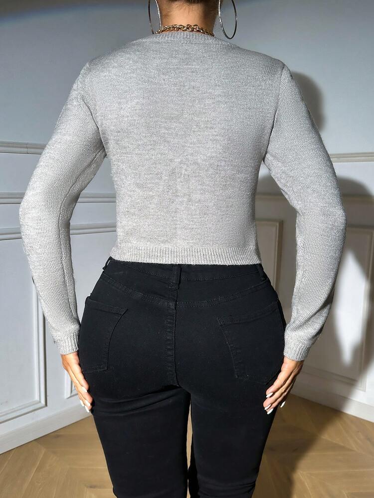 Gray Asymmetrical Collar Cropped Knit Pullover Fall Winter Sweater