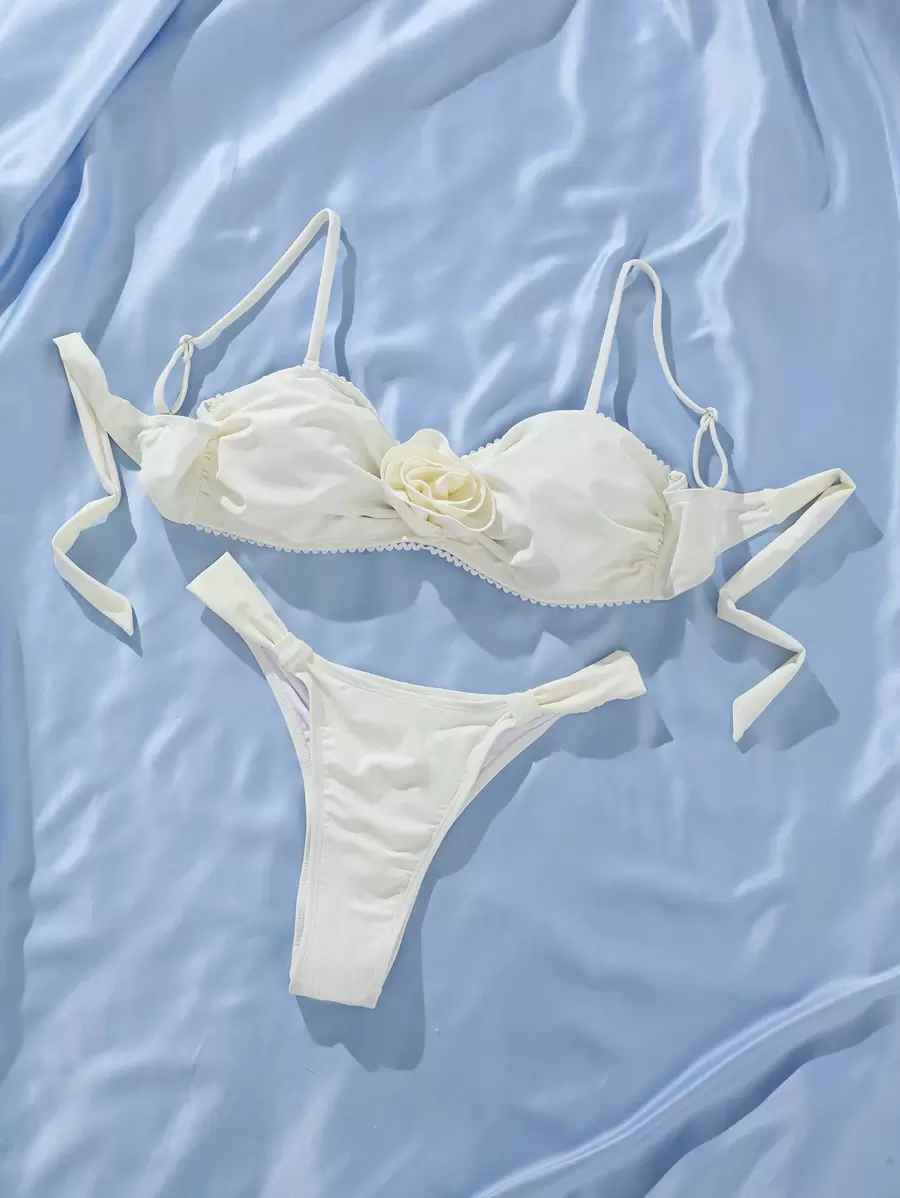 SHEIN X Lily May Mac Flower Embellished Bikini Set With Straps Summer Beach - Beige - View 1