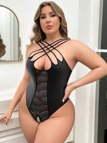 加大碼性感蕾絲拼接連身衣內衣 - 黑色 - 查看 5