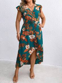 SHEIN Clasi Plus Size Wrap Neckline High-Low Hem Dress - Multicolor - View 3