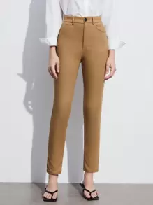 BizChic 卡其棕色高腰侧袋女裤，百搭款式，适合春夏穿着，可作西装裤、休闲裤、正装裤、通勤裤、日常裤、浪漫90年代复古风、派对裤、沙滩裤、毕业典礼裤、度假裤、婚礼宾客裤、伴娘裤、女主人裤等。 - 卡其色 - 查看 1