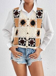 SHEIN Essnce 女士花卉針織鈕扣毛衣背心 - 彩色 - 查看 4