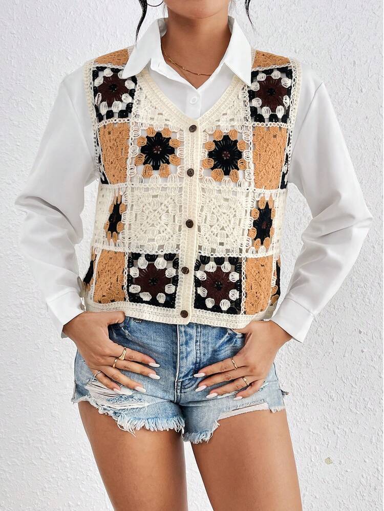 SHEIN Essnce Colete De Tricô De Crochê Floral Feminino Com Botões