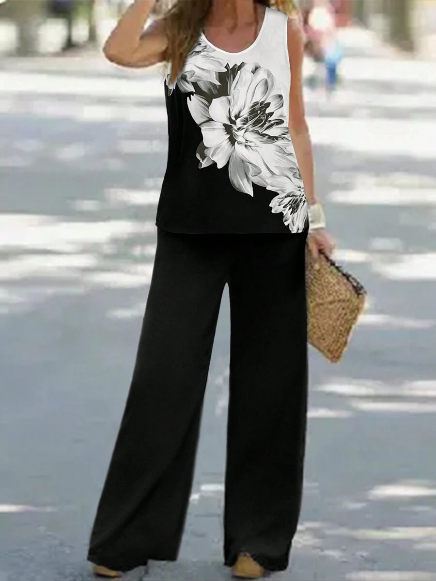 EMERY ROSE 黑色和白色花卉印花無袖上衣和長褲套裝 - 黑色 - 查看 1