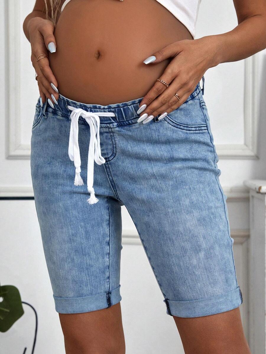 SHEIN Maternity Adjustable Waist Washed Denim Shorts - Medium Wash - View 1