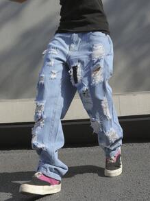 Manfinity Roghcode Jeans Casuales Sueltos Para Hombre, Rasgados - Lavado ligero - Ver 4