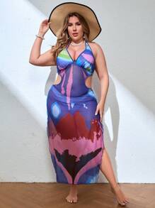 SHEIN Swim Curve Vestido de cubrebotas con estampado y abertura en la cintura para mujer de talla grande, de verano