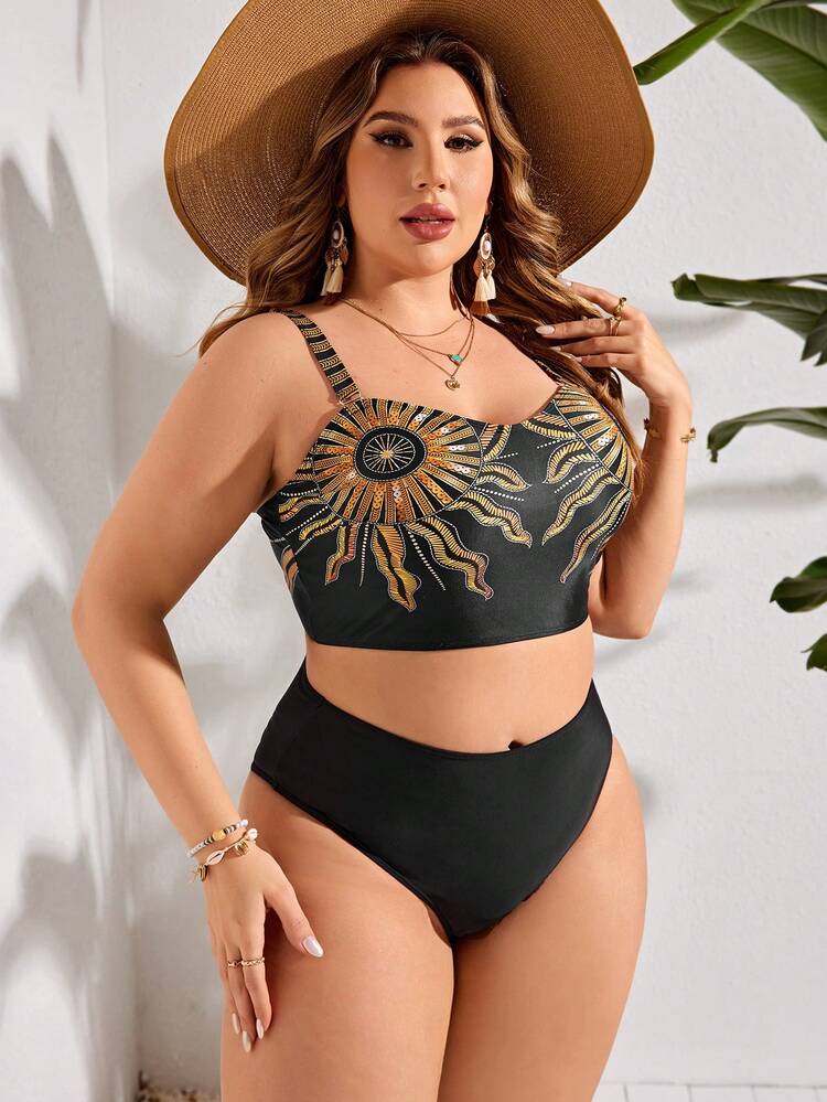 Plus Size Printed Top & Solid Color Bottom Bikini Set Summer Beach