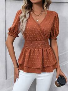 SHEIN Clasi Của phụ nữ Hai lớp Xù Hoa Sen Nếp uốn Vòng eo Áo sơ mi - màu nâu - Xem 4