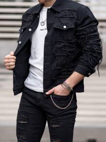 Manfinity LEGND Áo khoác denim viền thô có tua rua dành cho nam, Chất liệu cotton tối màu trơn màu đen thời trang dành cho bạn bè - màu đen - Xem 4