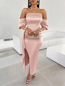 Summer Elegant Off Shoulder Drape Slit Dress - Pink - View 6