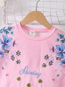 SHEIN 2 件/套 女孩度假花卉刺繡長袖運動衫和長褲,春秋